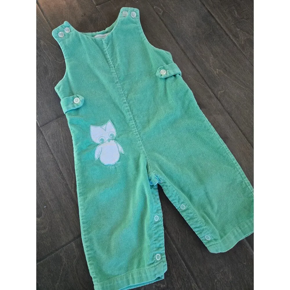 Vintage Baby Corduroy Overalls Mint Green Owl Applique Size 18 Months